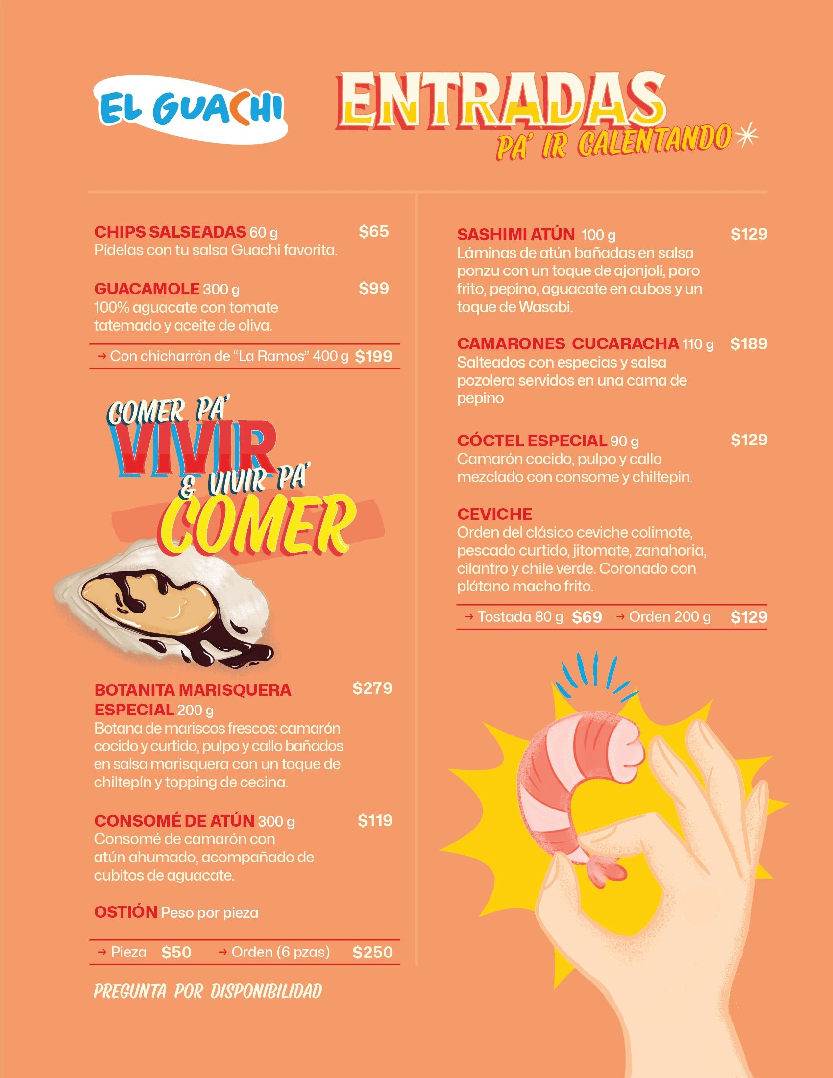 Menú de entradas con precios y descripción de platillos.