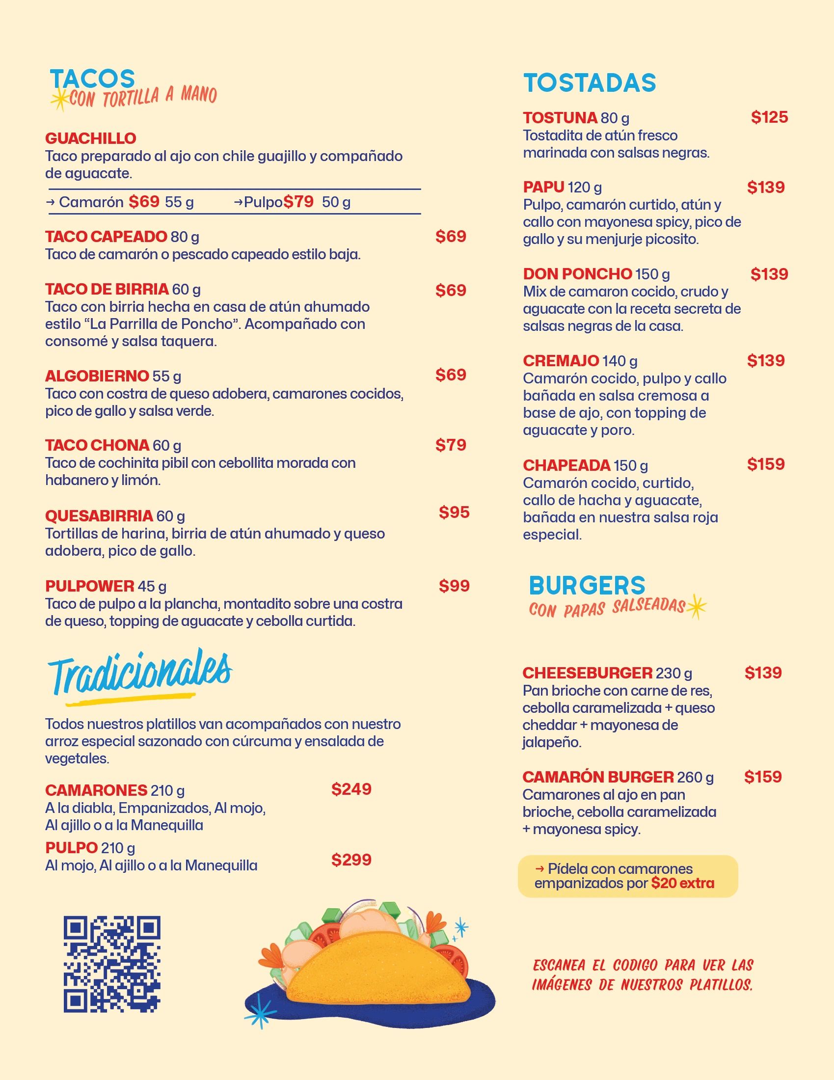 Menú de tacos, tostadas y hamburguesas con mariscos y sabores tradicionales.