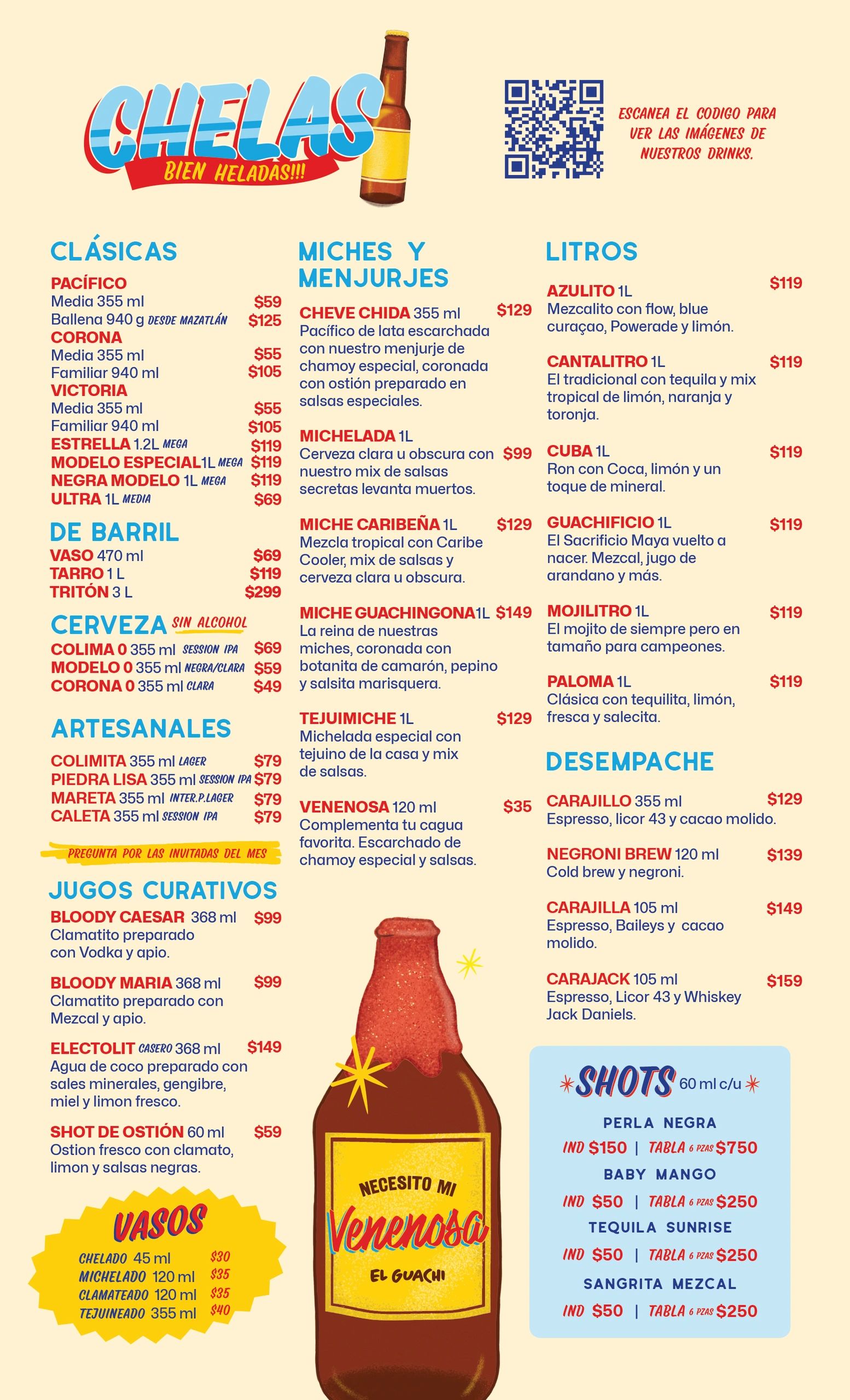 Menú de bebidas con cervezas, micheladas, litros y shots.