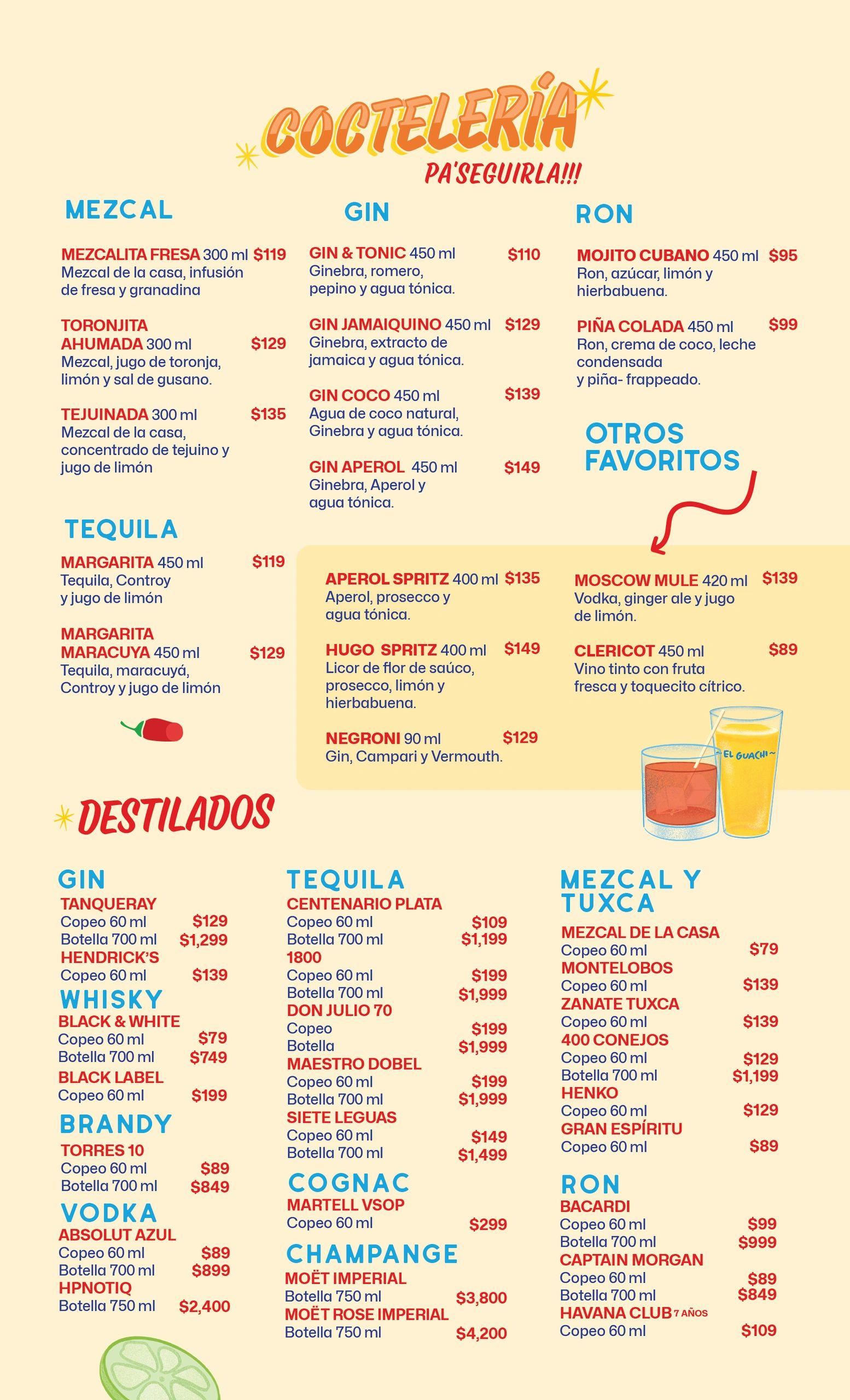 Menú de cocteles con mezcal, gin, ron, tequila y otros favoritos.