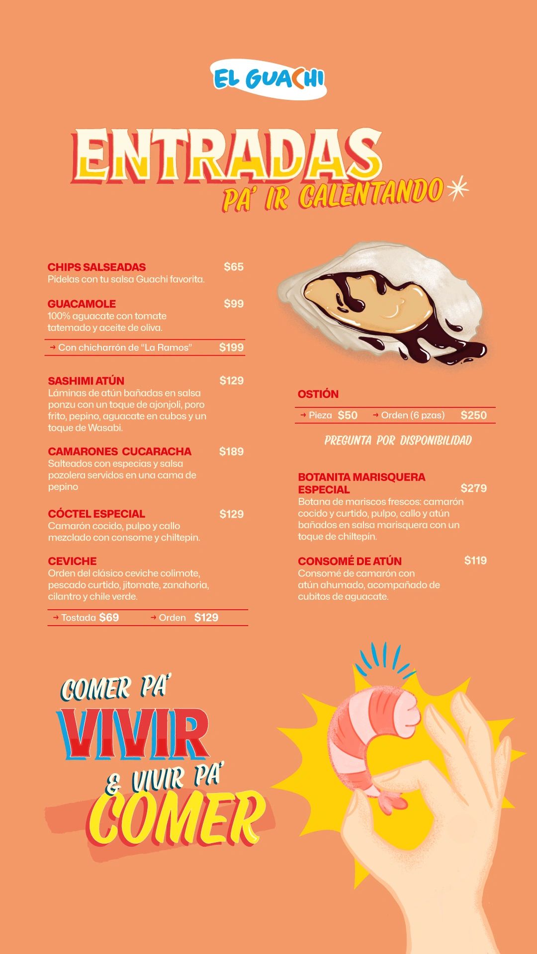 Menu of appetizers featuring seafood and guacamole from El Guachi.