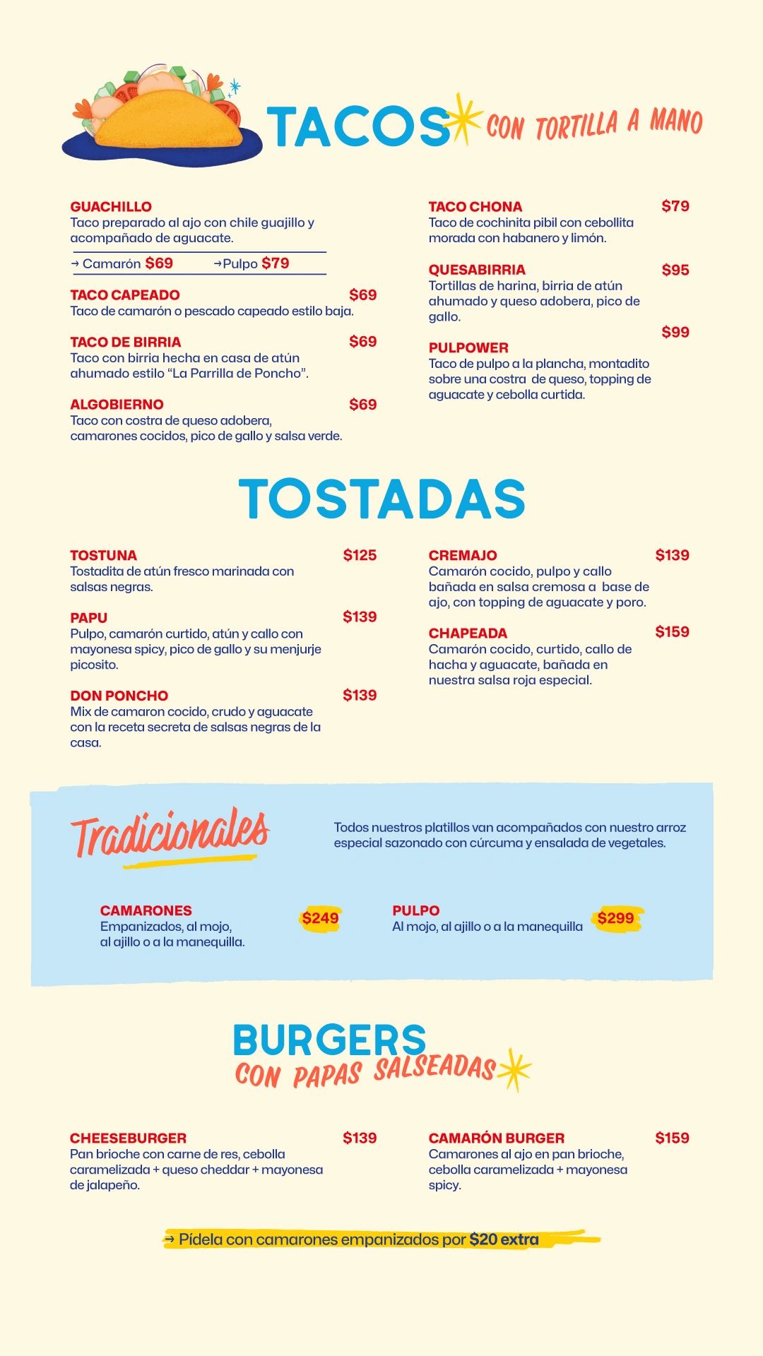 Menu featuring tacos, tostadas, traditional dishes, and burgers with detailed descriptions and prices.