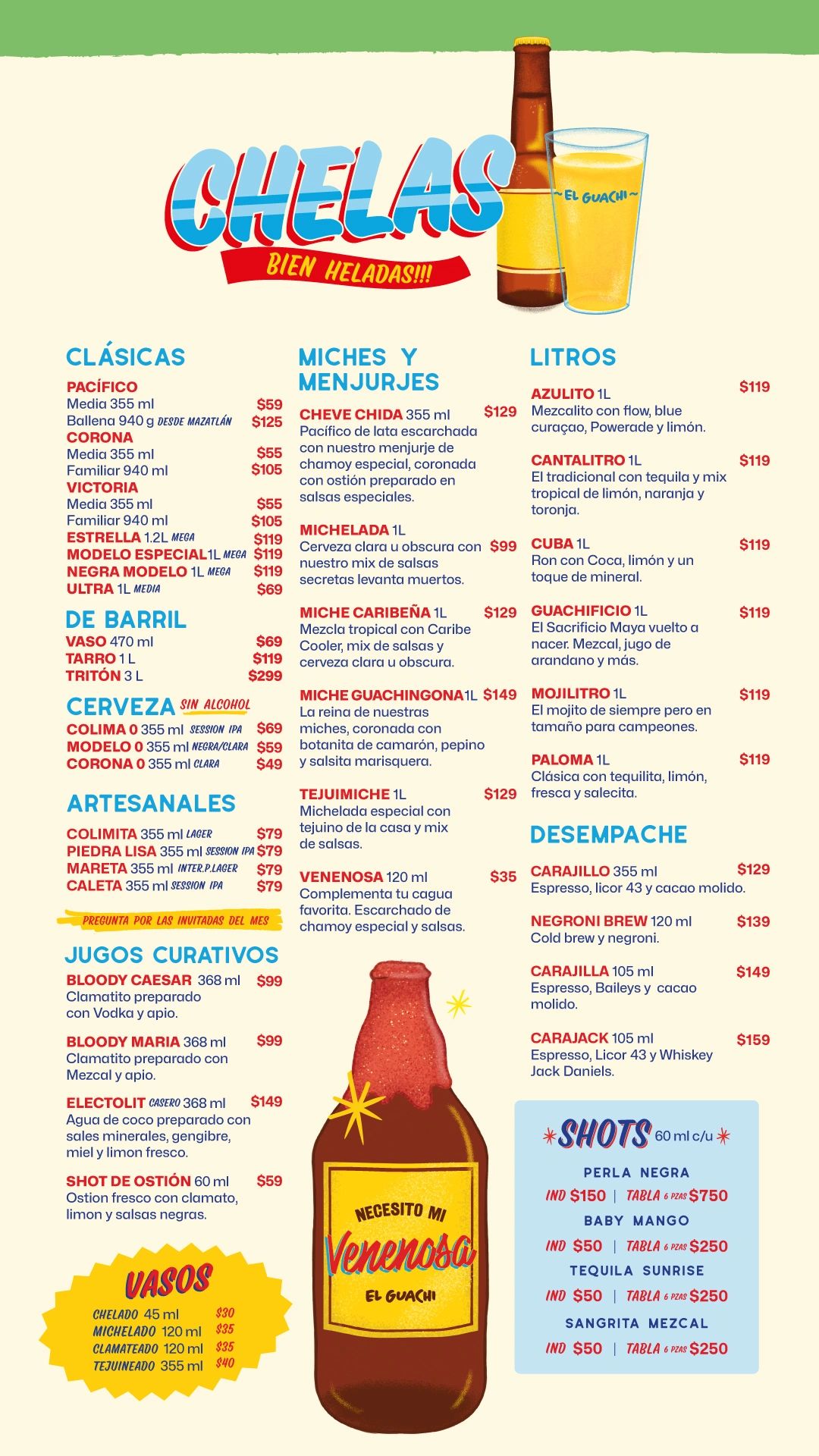 Menú de cervezas y bebidas "Chelas Bien Heladas" con varias opciones y precios.