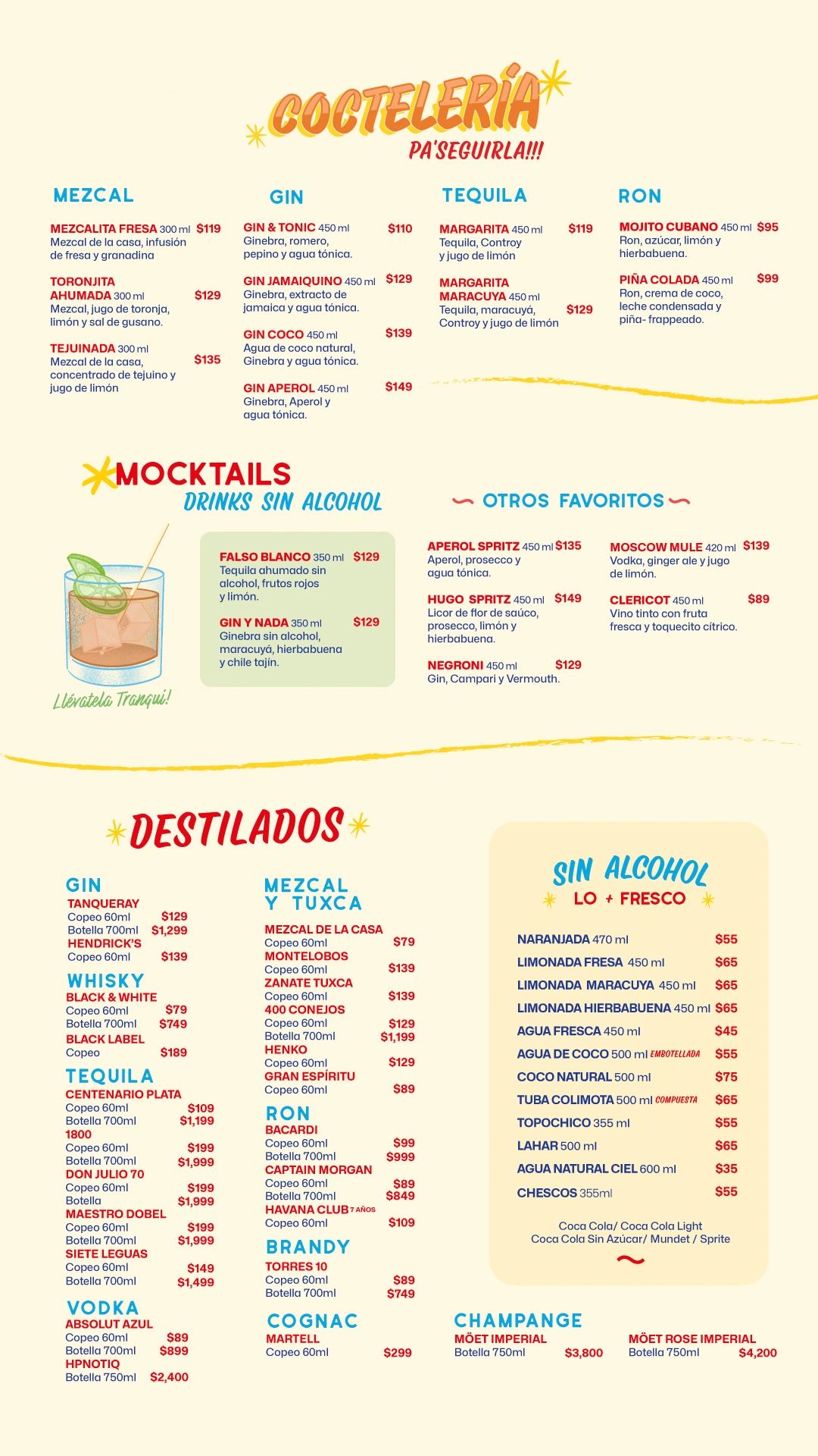 Menú de coctelería, mocktails, destilados y bebidas sin alcohol con precios en pesos.