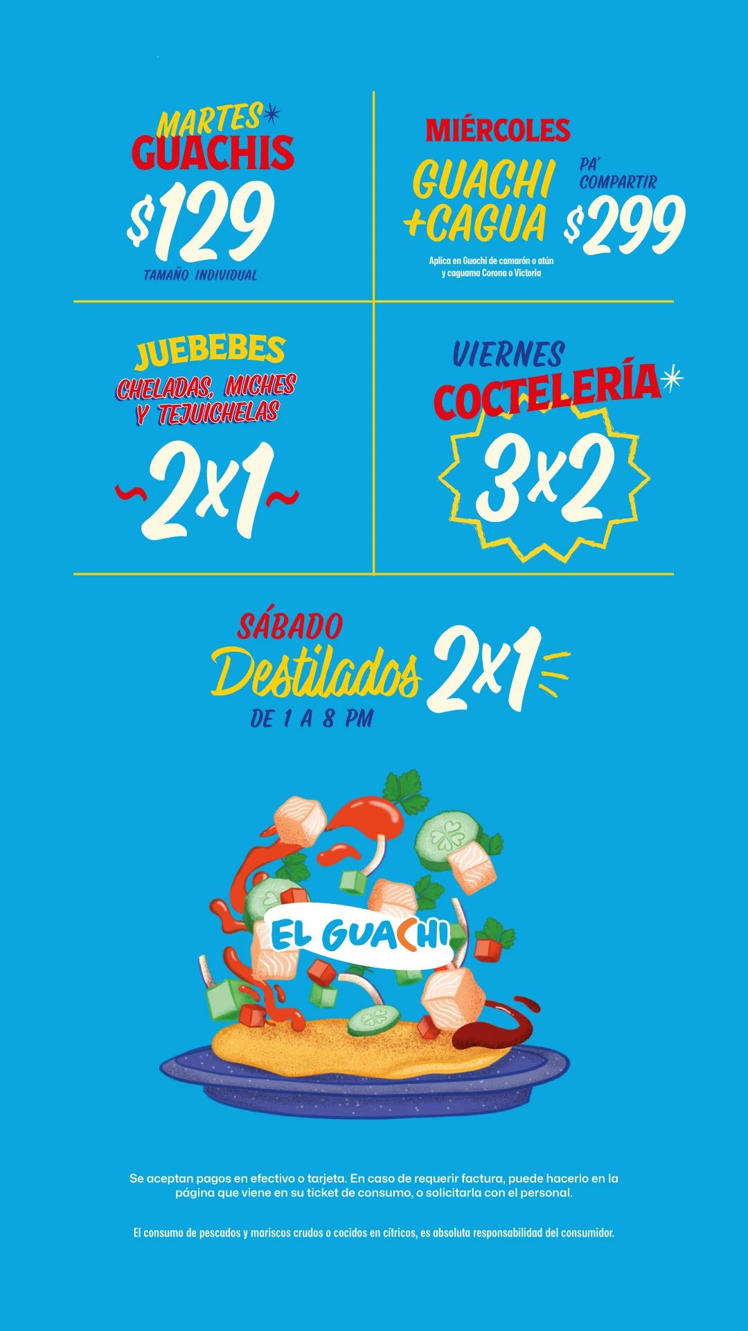 Promotions for each day of the week at El Guachi, including discounts on drinks and seafood dishes.