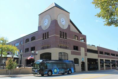 MetroLINK's Centre Station on River Drive in Moline, with a city bus in the foreground