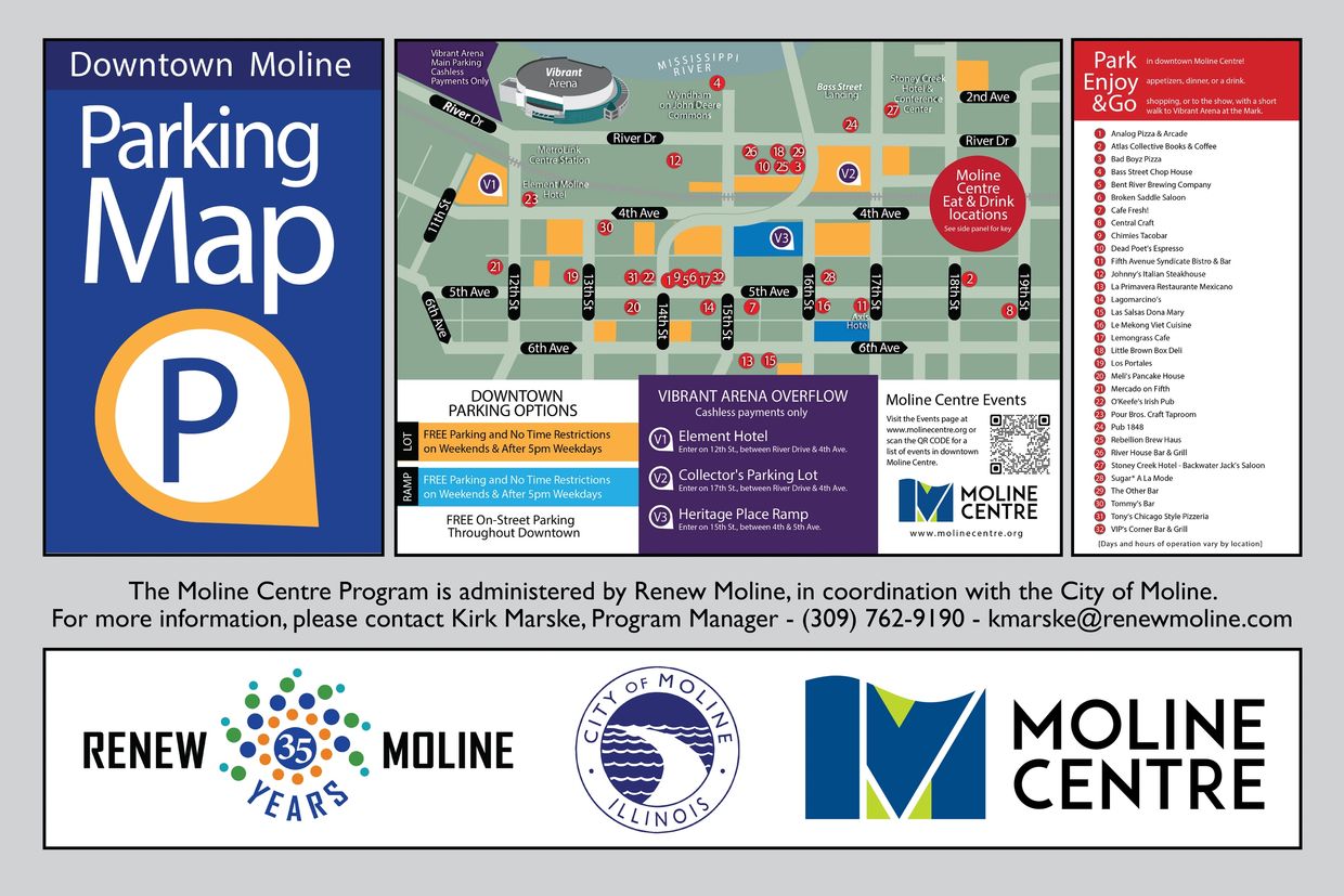 Downtown Moline Parking Map with downtown parking options for free and Vibrant Arena parking.  