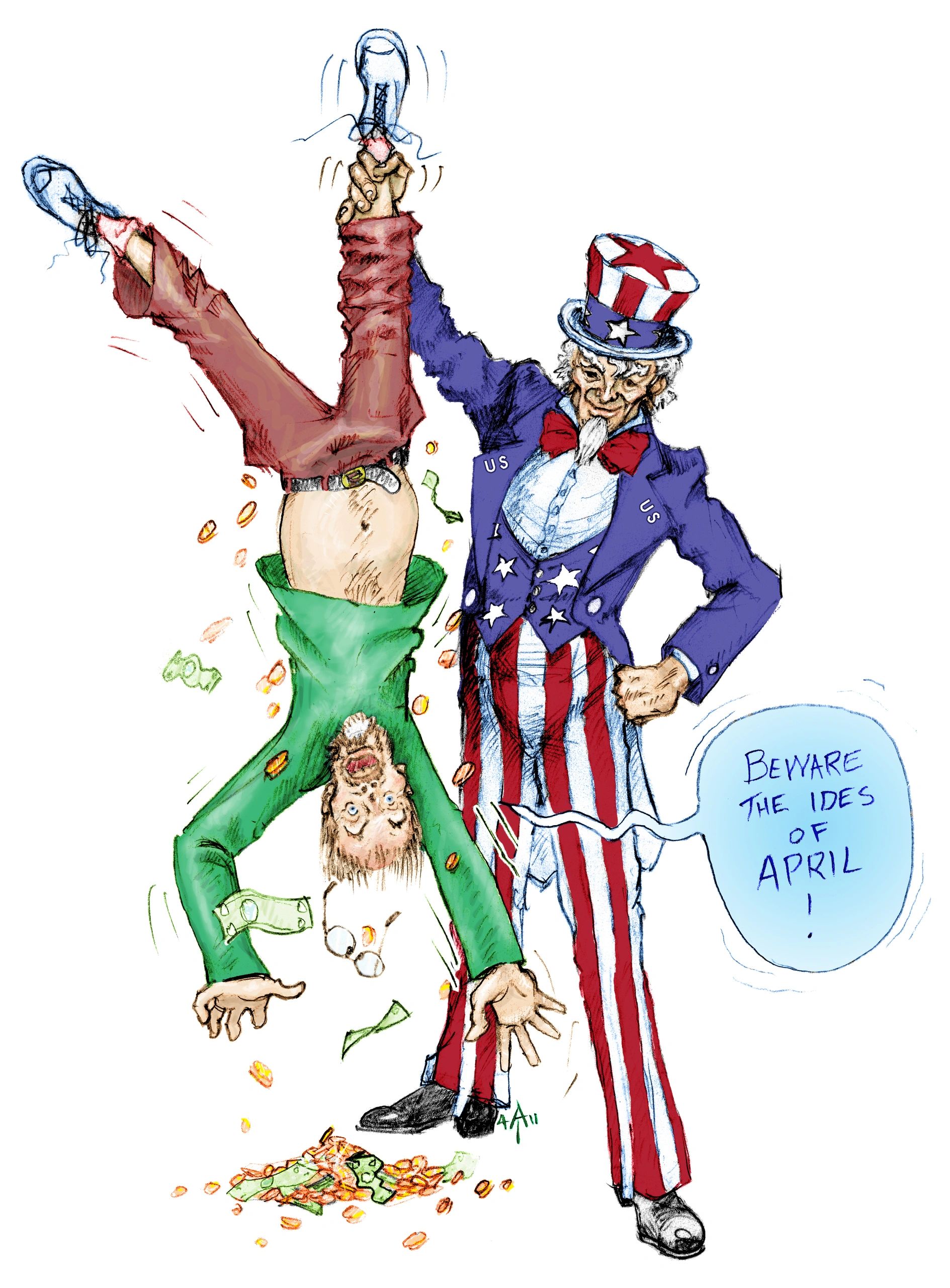 caricature cartoon April 15 tax day Uncle Sam citizen shake down pencil drawing digital painting