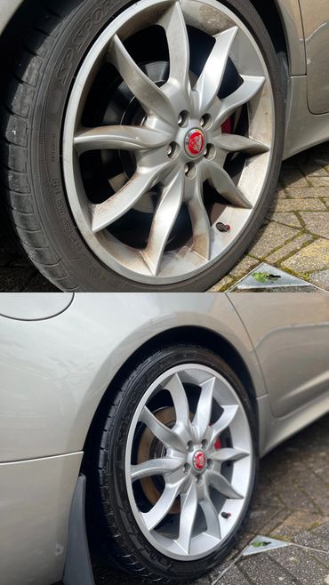 Before and after of an alloy wheel after a deep clean 