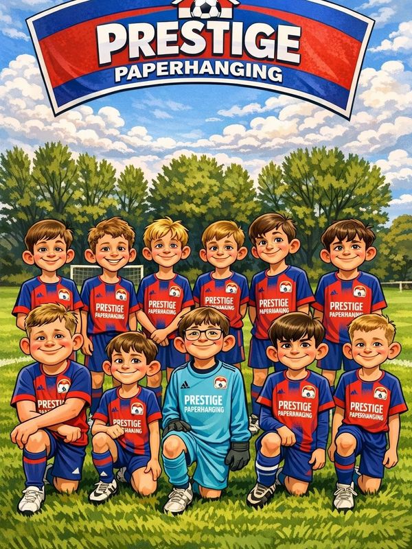 Cartoon-style soccer team photo with boys in blue and red uniforms under a bright sky.