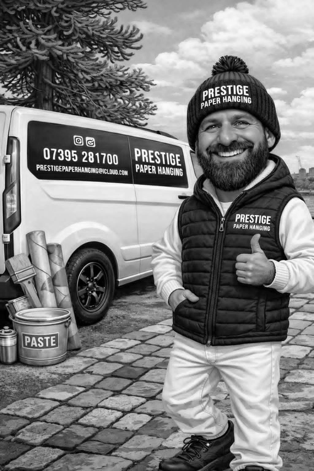Smiling man in Prestige Paper Hanging gear gives thumbs up beside work van and supplies.