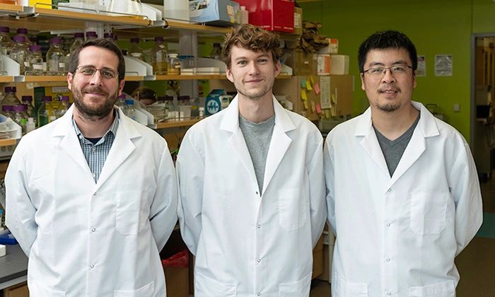 左起：分子生物科學副教授Jason S. McLellan，研究生Daniel Wrapp和研究助理Nianshuang Wang於2020年2月17日星期一在德克薩斯大學奧斯汀分校的McLellan實驗室合影。