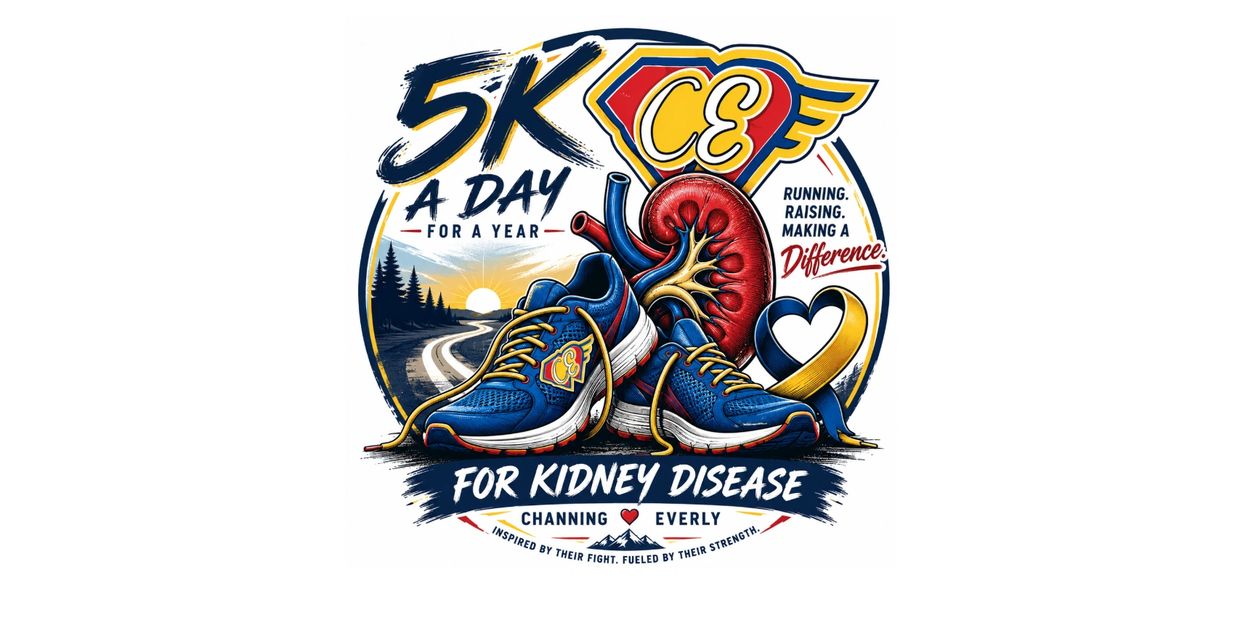 5K run for kidney disease awareness with shoes, kidney, and ribbon symbols.