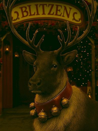 Authentic Santa Claus's Blitzen, the fast reindeer of brilliant lightning speed.