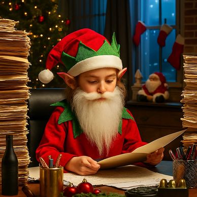 Pepper looks over the Naughty or Nice List for Premier Santa Visits in NJ, PA, DE, and MD.