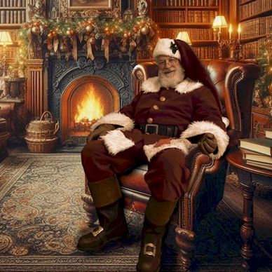 Santa Claus relaxing by the fire in his study just after a Premier Santa Visit to a family in NJ.