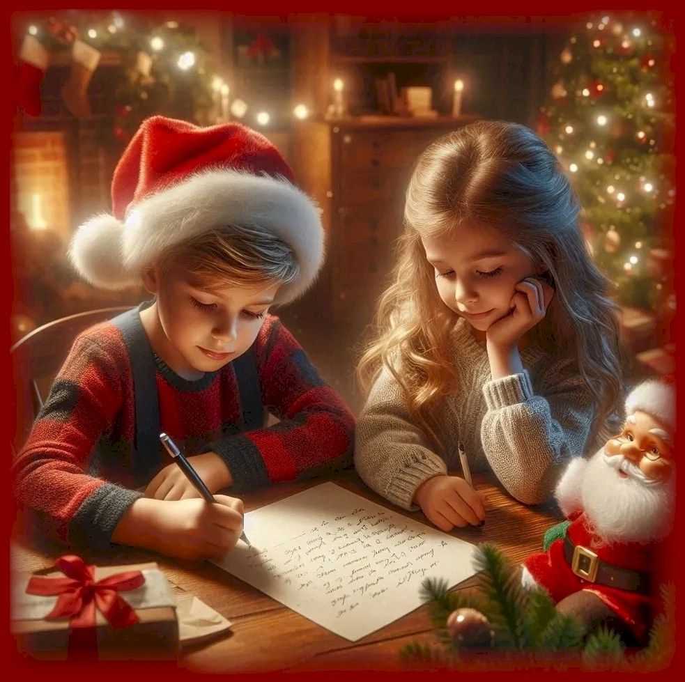 Two excited children writing their Christmas letters to Premier Santa Claus, capturing holiday magic