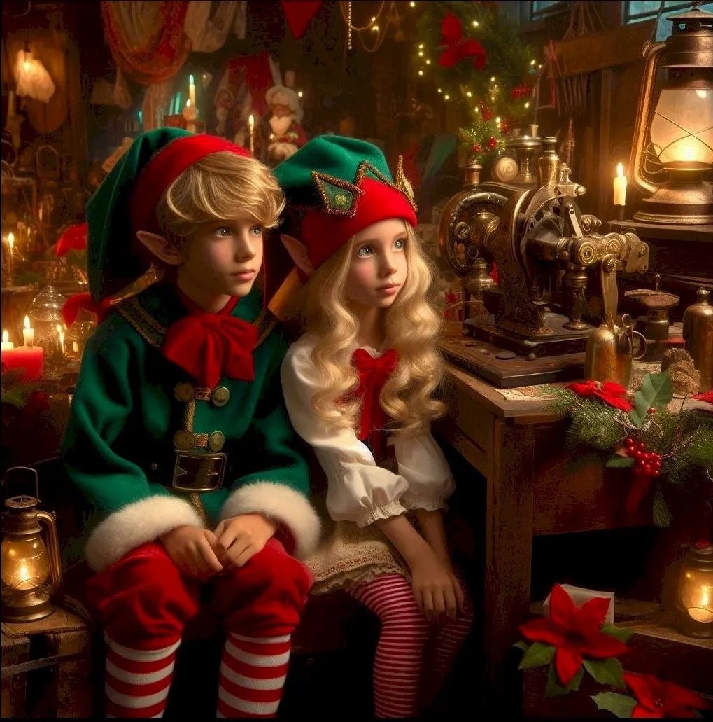 Boy and Girl elf while Santa Claus tells story