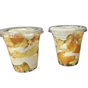 Alternating layers of your choice of cake and icing in a16 oz. Cup.
