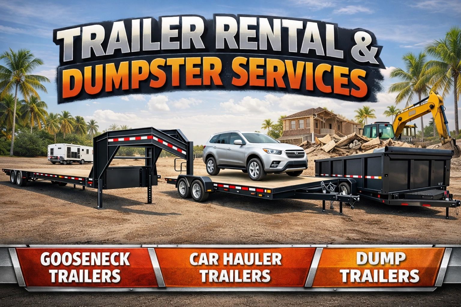Trailer rental and dumpster services with gooseneck, car hauler, and dump trailers.