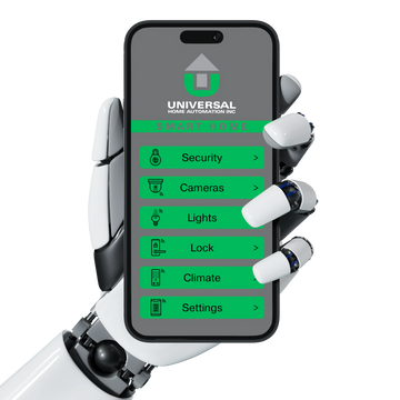 Robot hand holding a smartphone with a smart home app interface.