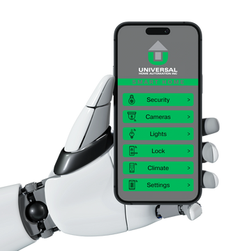 A robotic hand holding a smartphone with a smart home control app open.