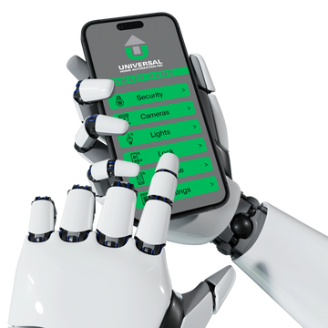 A robot hand holding a smartphone displaying a smart home control app.