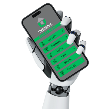 A robotic hand holding a smartphone displaying a smart home app interface.
