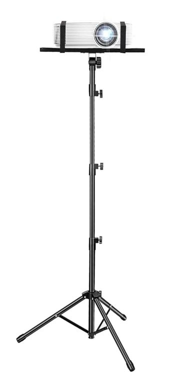 A white projector mounted on an adjustable black tripod stand.