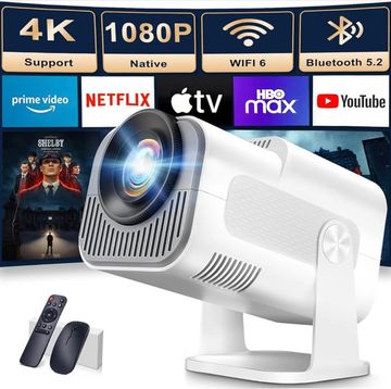 White 4K projector with remote and mouse, supporting popular streaming apps.