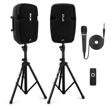 Two black Pyle speakers on stands with a microphone and remote control.