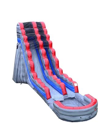 Large inflatable water slide in red, black, and gray colors.