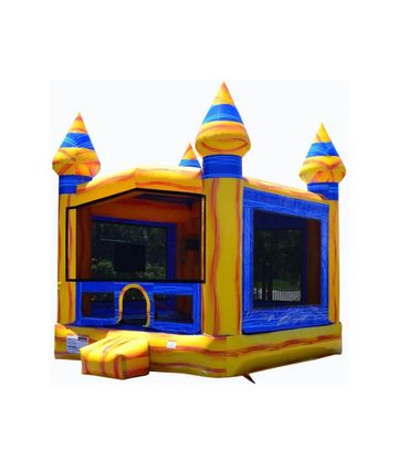 Colorful inflatable bounce house with castle design.