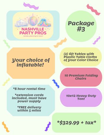 Nashville Party Pros package including tables, chairs, tent, and inflatable rental.