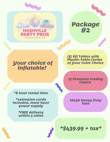 Nashville Party Pros Package #2 offers tables, chairs, tent, and inflatable rental with delivery.