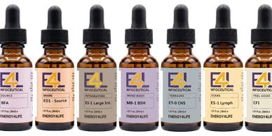 Seven bottles of E4 Neuroceutical supplements with droppers.