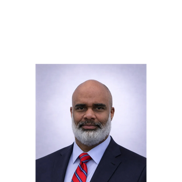 Professional portrait of a bald man in a suit and red striped tie.