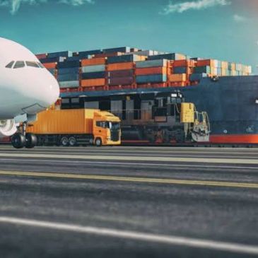 Airplane, truck, and ship with containers at a port.