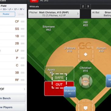 Digital baseball scoreboard showing player positions and game status.