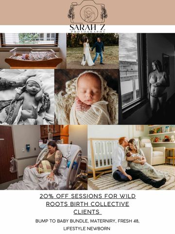 Collage of maternity and newborn photography promoting 20% off sessions for Wild Roots Birth Collective clients.