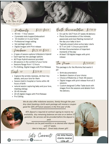 Photography service flyer for maternity, newborn, fresh 48, birth documentation, and mother packages.
