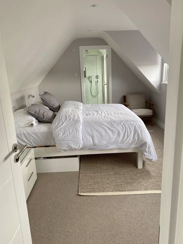 bedroom with queen-sized bed and shower