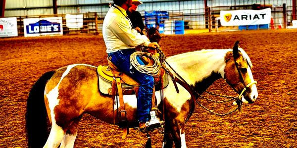 Man riding a brown and white horse in an arena.