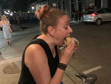 Paris eating a Verti Marte poboy