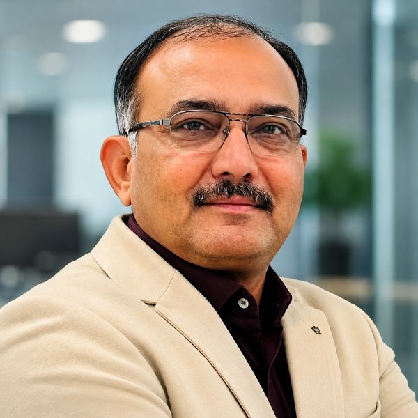 Confident man in glasses and beige blazer posing indoors.