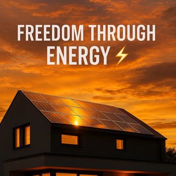 Modern house with solar panels glowing under a vibrant sunset.