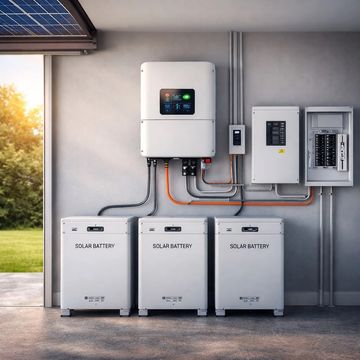 Three solar batteries connected to a wall-mounted solar inverter and electrical panels in a garage.