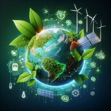 Earth surrounded by green leaves and renewable energy icons.