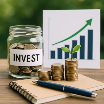 Coins in jar labeled 'INVEST' with growing plant and upward graph symbolizing financial growth.