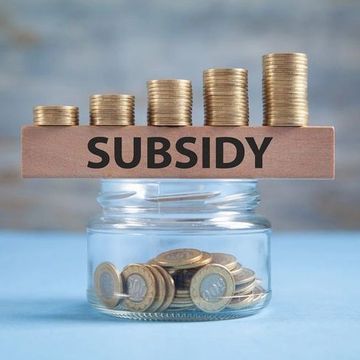 Stacks of coins on a wooden plank labeled 'SUBSIDY' over a jar of coins.